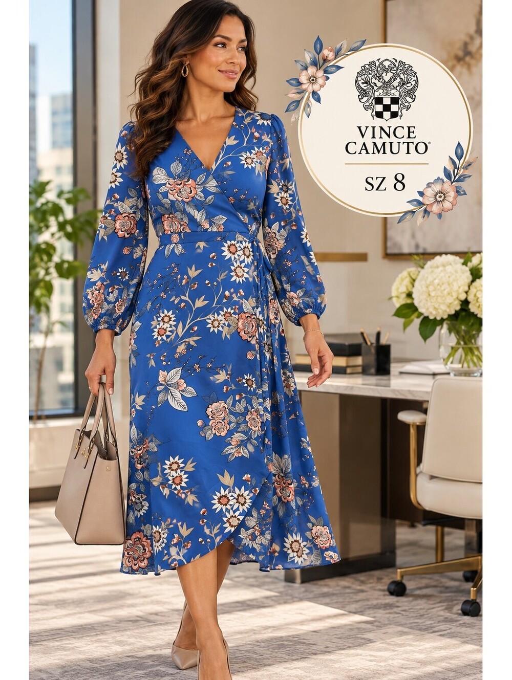 Vince Camuto | 8 | Cobalt Blue Floral Faux Wrap Long Sleeve Midi Dress